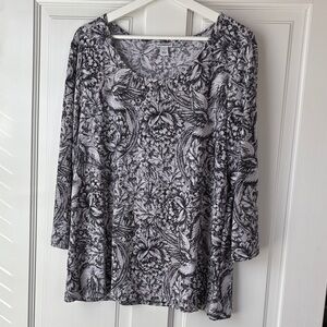 Croft & Barrow Monochrome Floral and Birds Top Blouse large Y2K